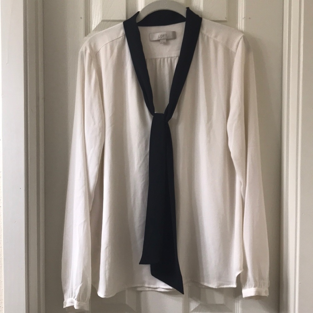 LOFT Black and White Tie Front Blouse